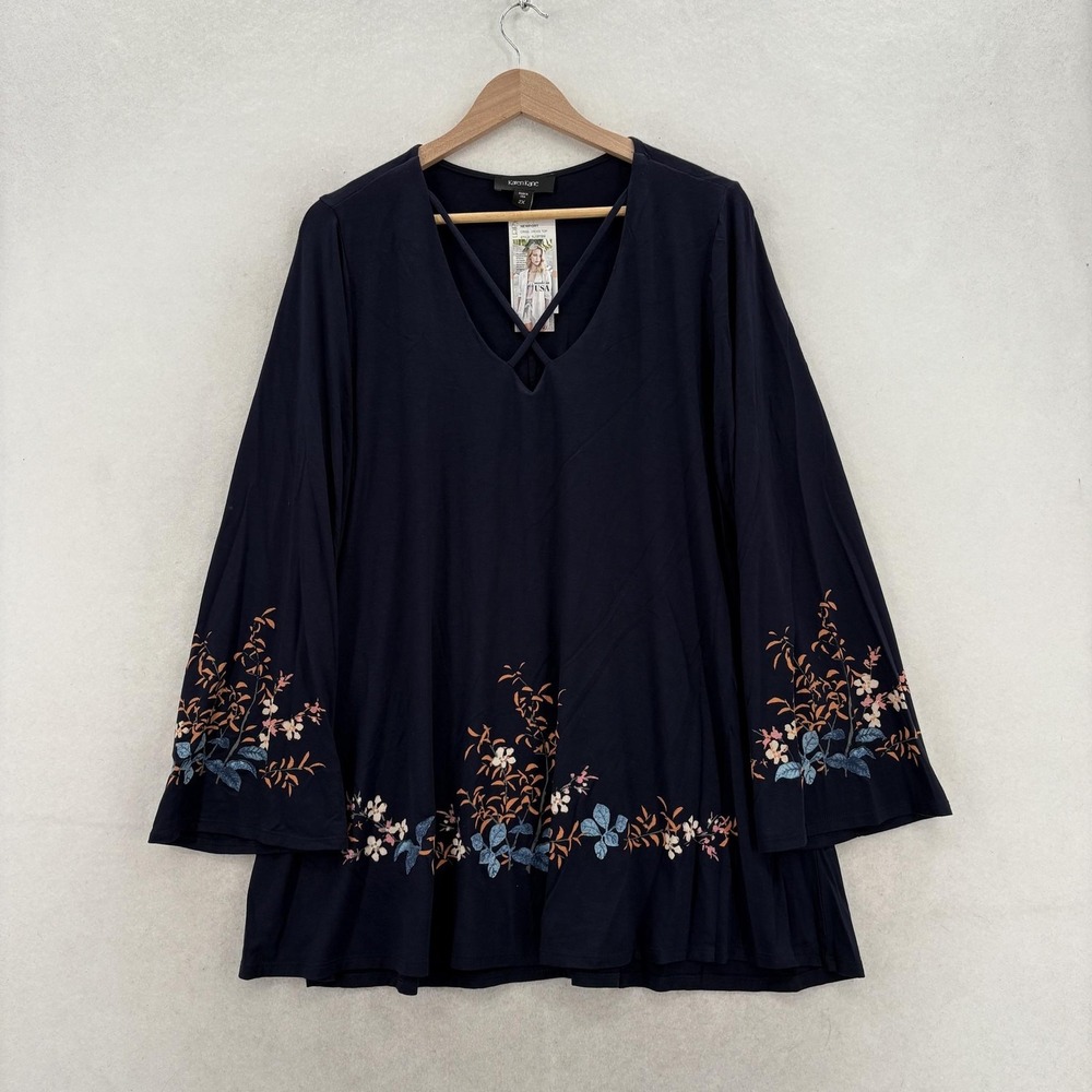 Karen Kane Blouse Womens 2X Plus Navy Embroidered Bell Sleeve Tunic Top Boho NWT
